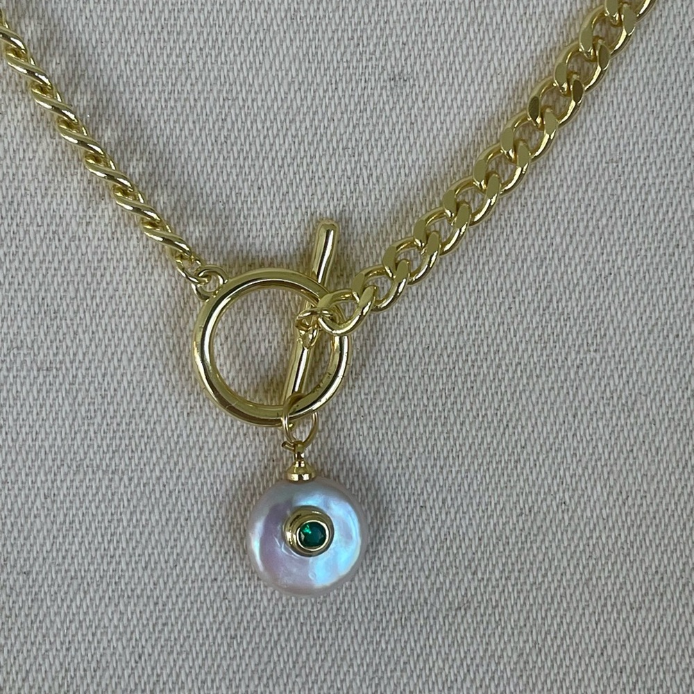 Toggle Necklace with Coin Pearl Drop with Emerald Green Crystal NWT